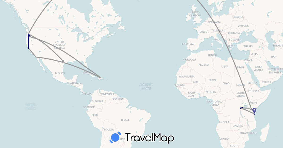 TravelMap itinerary: driving, plane in Dominican Republic, Rwanda, Tanzania, United States (Africa, North America)